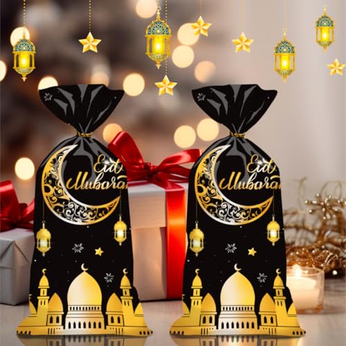 BURBOHUG 50 Pack Ramadan Goodie Bags Eid Mubarak Muslim Castle Moon Star Cellophane Bags for Party Favor Decoration (10.8'' X 4.9'')