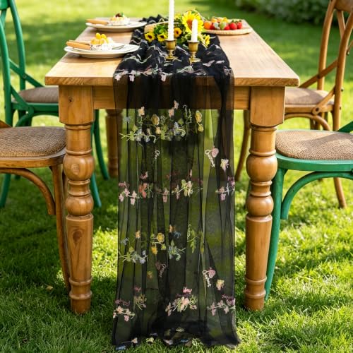 vctops 2 Packs Embroidery Lace Halloween Table Runner 10ft Floral Garden Seasonal Tulle Table Runner Holiday Kitchen Dining Table Decoration for Wedding Party Baby Shower Birthday (Black,30"x120") - color: Black