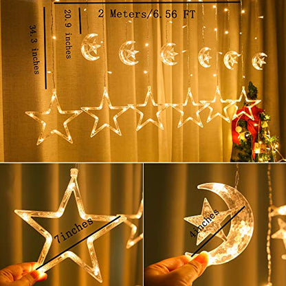 138 Led Curtain String Lights Star Moon Icicle Light with 8 Lighting Modes Timer USB Operated Dimmable Fairy Hanging Lights for Window Wall Home Decoration (Crescent Warm White) - size: Crescent and Star