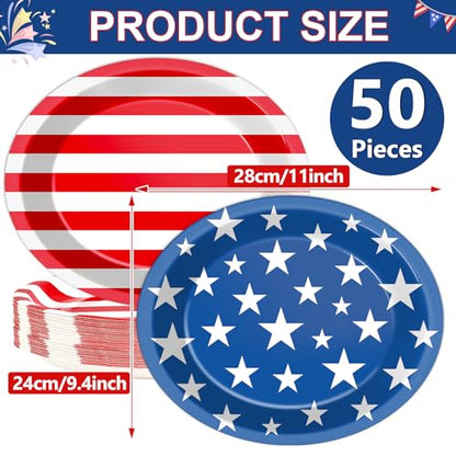 Qyeahkj 50피스 애국적인 타원형 종이 접시 대형 27.9cm(11인치) 일회용 7월 4일 미국 국기 파티 장식 독립 기념일 용품 재향 군인 선거 날 현충일 파티 식기 세트 - style: 미국 국기