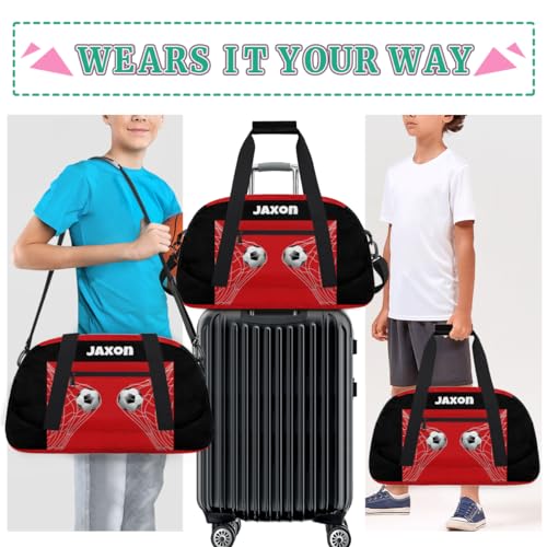 Custom Name Sports Duffel Bags Boys Weekender Bag Black Red Soccer | Personalized Named Practice Travel Overnight Training Bag - color: Color 21