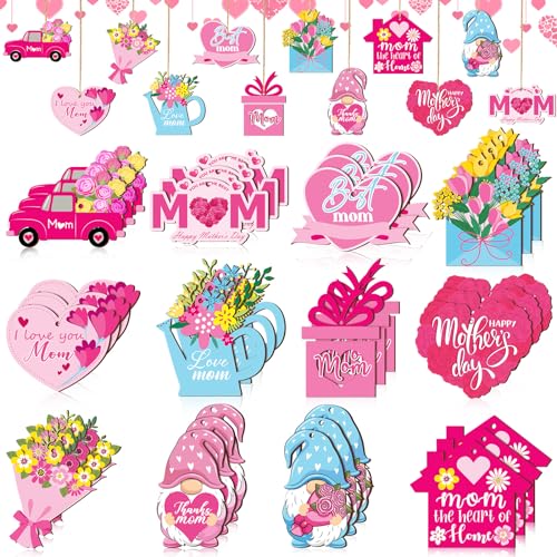 Patelai 36 Pcs Mothers Day Ornaments for Tree Pink Gnome Floral Flower Best Mom Love Mom Wooden Sign Mother's Day Tree Decorations for Home Birthday Party Supplies - style: Mom