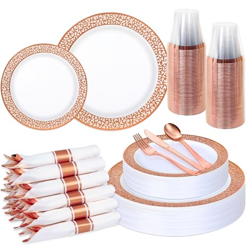 210Pcs Rose Gold Plastic Dinnerware for 30 Guests,Rose Gold Lace Disposable Plasticc Plates Including 30 Dinner&Dessert Plates,Cups,Gold Plastic Silverware for Party,Wedding,Thanksgiving - color: Rose Gold, size: 30 Guests