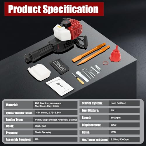 1900W 52CC Gas Powered Demolition Jack Hammer Concrete Breaker, 2 Stroke Air Cooling Gasoline Hammer Drill Tool with 2 Chisels for Building Construction and Ice Breaking Region
