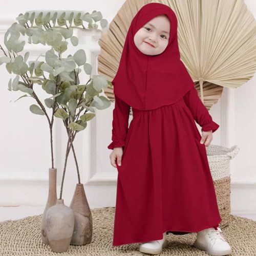 ODASDO Newborn Infant Baby Girls Muslim Abaya Prayer Dress with Hijab Middle East Arabian Dubai Robe Ramadan Eid Clothes - color: Wine Red, size: 6-12 Months