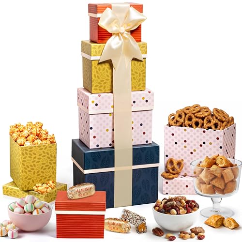 Broadway Basketeers Tower Snack Gift Basket – Gourmet Basket Gifts for Family, Friends & Groups – Sweet & Savory Large Gift Basket with Cookies, Popcorn & Candies – Perfect All Occasion Food Gifts