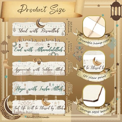 Patelai 5 Pcs Eid Ramadan Islamic Wooden Wall Decor Eid Decorations for Home Start and End with Allah Wall Art Allah Pediment Inspirational Hanging Plaque Wreath for Islamic Muslim Supply(White)
