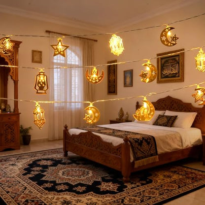 Ramadan Decorations String Lights, Metal Moon Star Battery Operated 10ft 20 LED Ramadan Lights with Remote, Timer & 8 Lighting Modes, Islamic Decor for Home Wall Fireplace Eid Mubarak Party - style: Ramadan Decorations