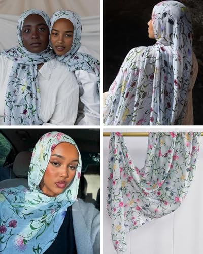 ZGMYC Watercolour Floral Printed Hijab Scarf for Women Soft Modal Cotton Instant Hijab Head Wraps Shawls Long Scarves - color: Light Green Flowers