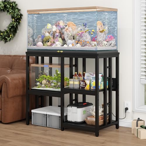 Heavy Duty 40-50 Gallon Aquarium Stand with Power Outlets, 3-Tier Adjustable Metal Fish Tank Stand with Storage Shelf for 5-10 Gallon Tanks, Reptile Terrariums & Supplies Organizer, 720LBS Capacity (Black + Black) - color: Black + Black