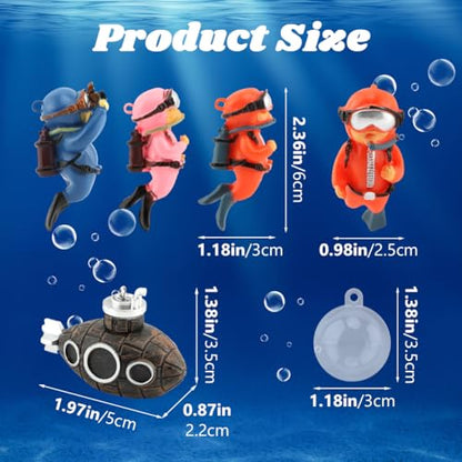 4pcs Floating Fish Tank Decoration - Floating Little Diver & Retro Submarin | Cute Underwater Dver Ornament,Aquarium Decoration Ornaments,Playmate for Tank Suitable for All Kinds of Fish and Tanks
