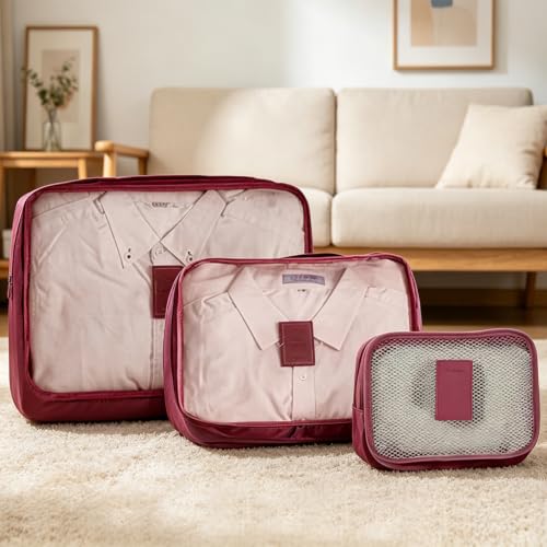 Packing Cubes 3 Set Travel Organizer Bags Travel Compression Bags Luggage Packing Cubes for Suitcases Travel Accessories (Purplish Red) - color: Purplish Red