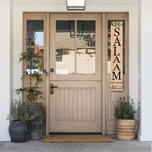 Salaam Weclome Sign for Front Door Peace Be Upon You Islamic Home Decor 8x48inch Vertical Wooden Eid Door Hanger for Muslim Islamic Wedding Gift