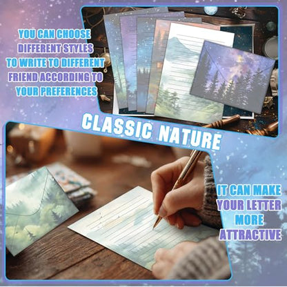 TaoBary 160 Pcs Stationery Paper Set 50 Double Sided Stationery Paper with 50 Matching Envelope and 60 Round Dot Sticker, 10 Design (Whimsical Watercolor Illustration Starry Night Sky,8.25 x 5.5 Inch) - size: 8.25 x 5.5 Inch, style: Whimsical Watercolor I