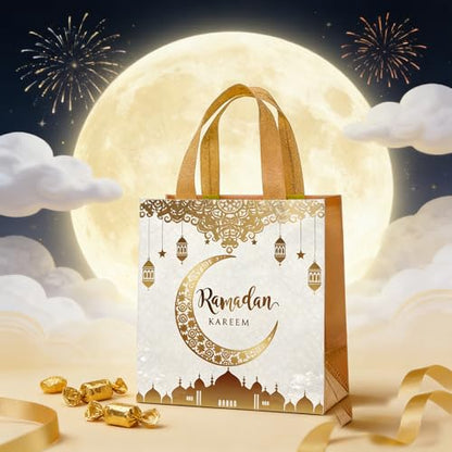 Yssreey Eid Mubarak Reusable Gift Bags 12pcs Ramadan Goodie Bags with Handles Non Woven Treat Bags for Ramadan Kareem Eid Mubarak Party Supplies