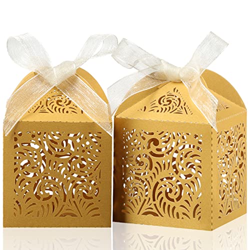 COTOPHER 100Pcs Laser Cut Favor Boxes, 2x2x3in Small Gift Box for Presents - color: Gold, size: 100 Count (Pack of 1)