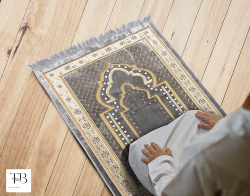 TB Islamic Prayer Rug Soft Velvet Muslim Mat Unique Arabic Turkish African Embroidered Design Prayer Bead Daily Salah Prayer Meditation Ramadan Eid Gift for Women Men Kids (Dark Gray) - color: Dark Gray