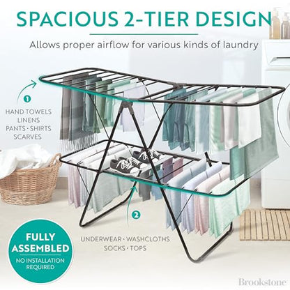 Brookstone 2 Tier Folding Rack - Indoor/Outdoor Collapsible Clothes Dryer Stand Laundry or Shoe Rack, Heavy Duty Freestanding Garment Hanger, Foldable, Clothing Drying Rack, Black - color: Black