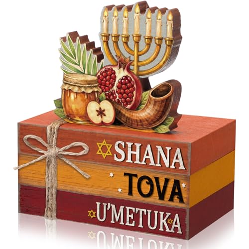 Geelin 4 Pcs Rosh Hashanah Tiered Tray Decor, Jewish New Year Party Decoration, Wooden Book Stack Signs Gifts, Shana Tova Apple and Honey Farmhouse Rustic Table Centerpiece for Shelf Coffee Bar - style: Rosh Hashanah