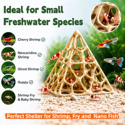 Shrimp Cave for Aquarium, 3D Printed Pyramid Hideout Shelter for Molting & Resting, Fish Tank Ornament Decor for Cherry Shrimp, Neocaridina, Dwarf Shrimp & Small Fish, Beige