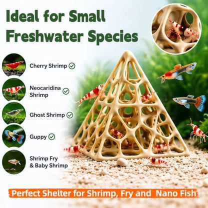 Shrimp Cave for Aquarium, 3D Printed Pyramid Hideout Shelter for Molting & Resting, Fish Tank Ornament Decor for Cherry Shrimp, Neocaridina, Dwarf Shrimp & Small Fish, Beige