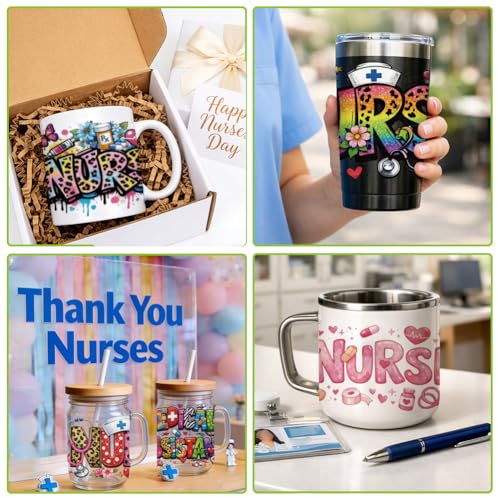 arricraft 10 Sheets Nurses Theme UV DTF Cup Wrap for 16OZ Glass, Large Nurse Images Rub on Decals PVC Transfer Stickers for DIY Cups Window Home Printing Decoration 24x11cm/9.4x4.3inch - style: Nurses Theme