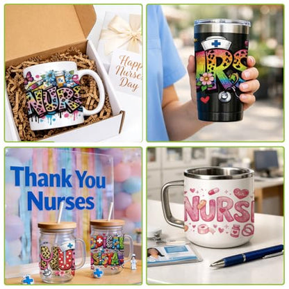 arricraft 10 Sheets Nurses Theme UV DTF Cup Wrap for 16OZ Glass, Large Nurse Images Rub on Decals PVC Transfer Stickers for DIY Cups Window Home Printing Decoration 24x11cm/9.4x4.3inch - style: Nurses Theme