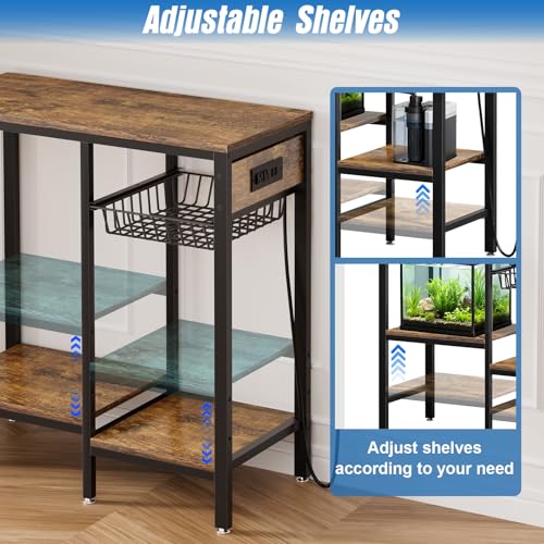 20 Gallon Fish Tank Stand with Power Outlet & Adjustable Shelves | Metal Aquarium Stand with Pull Out Wire Tray, Ample Storage for Fish Tanks Accessories, Reptile Tank Stands, Brown