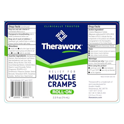 Theraworx Relief for Muscle Cramps Roll-On - 2.5oz - 1 Count | Fast-Acting Muscle & Leg Cramp Relief, Made with Magnesium Sulfate. Paraben-Free, no mess, no strong odor. TSA Friendly. - size: 2.5 Ounce (Pack of 1)