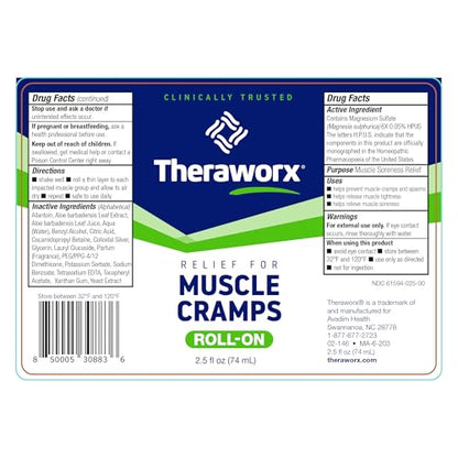 Theraworx Relief for Muscle Cramps Roll-On - 2.5oz - 1 Count | Fast-Acting Muscle & Leg Cramp Relief, Made with Magnesium Sulfate. Paraben-Free, no mess, no strong odor. TSA Friendly. - size: 2.5 Ounce (Pack of 1)
