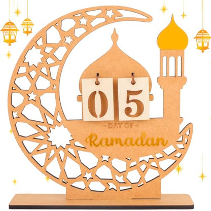 DPKOW Wooden Ramadan Advent Calendar Gifts Ramadan Decorations for Home, Crescent Mosque Countdown Calendar with Number Plates for Islamic Muslim Party Table Decor Moon Tabletop Decorations for Home