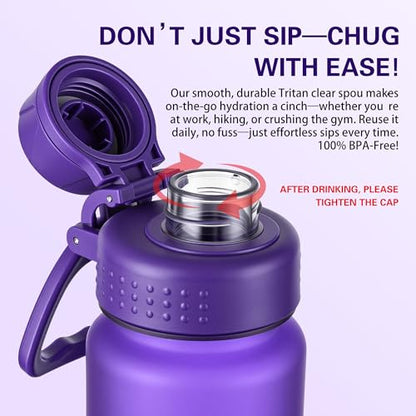OLDLEY 32 oz Water Bottle with Handle, BPA-Free Tritan Reusable Sports Water Bottle with Leak-Proof Dust Lid, Wide Mouth, Cup Holder Friendly, Half Frosted Clear Bottle for Gym, Travel, Work,Purple - color: Purple