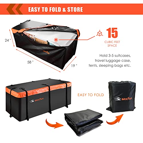 MeeFar Hitch Mount Cargo Carrier Bag Soft Shell 100% Waterproof 16 Cubic Feet (58" 24" 19") Include 8 Reinforced Straps for Truck Pickup All Vehicle with Steel Cargo Basket - size: 16 Cubic Feet