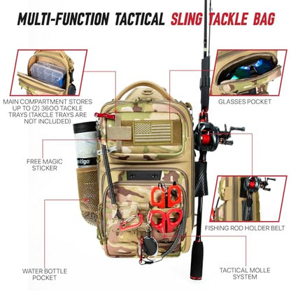 Fishing Sling Bag with Tackle Box, MOLLE System Fishing Backpack with Fishing Lures Kit, Fish Hook Remover Tool, Fish Lip Gripper, Fishing Plier & Accessories, Fishing Gear Gift for Men, Khaki - color: Brown-01Set