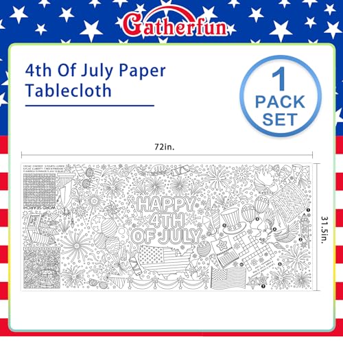 Gatherfun 7월 4일 컬러링 식탁보 | 애국적인 자이언트 포스터 80.9 x 182.9cm(31.5 x 72인치) | 독립 기념일 장식 및 활동에 이상적 | 교실 벽 또는 학교 파티 테이블 커버를 위한 미국 국기 테마 - style: 독립 기념일