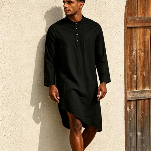 Mens Kaftan Thobe Robe Cotton Linen Long Sleeve Henley Shirt Casual Asymmetric Hem Muslim Kurta Gown Tops - color: Black, size: X-Large