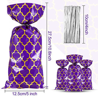 Tenare 100 Pcs Arabian Purple Gold Cellophane Treat Bags with Twist Ties Plastic Candy Goodie Gift Wrap Princess Arabian Nights Party Decorations for Halloween Bakery, Birthday, Wedding, Party Favors