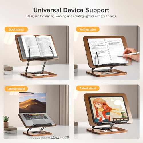 OPTIXCELL Book Stand for Reading, 360° Rotating Hands Free Book Holder, Adjustable Height and Angle, Page Clip for Cookbook, Recipe, Magazine, Laptop,Tablet, Foldable for Kitchen, Office, School - style: Book Stand