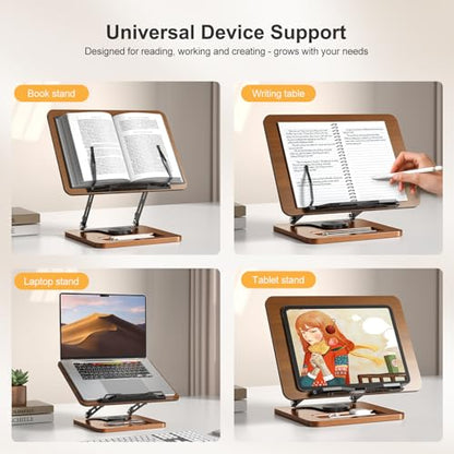OPTIXCELL Book Stand for Reading, 360° Rotating Hands Free Book Holder, Adjustable Height and Angle, Page Clip for Cookbook, Recipe, Magazine, Laptop,Tablet, Foldable for Kitchen, Office, School - style: Book Stand