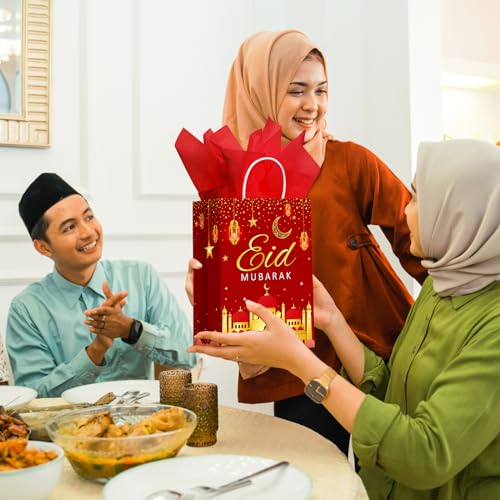 16 Sets Eid Mubarak Gift Bags with Tissue Paper, Ramadan Goodies Bags for Ramadan Party Supplies Favor (Red) - color: Red