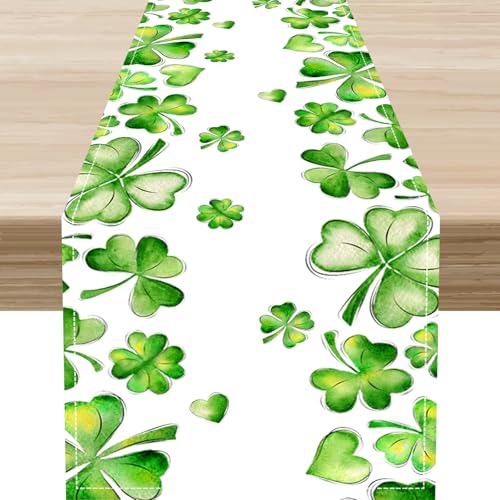 Green Clover Table Runner, Watercolor Green Shamrocks Seasonal Spring Table Decor for Home Kitchen Dining Patio Holiday Party Indoor Outdoor Decorations 13x36 inch - color: Clover-3, size: 13x36" Table Runner