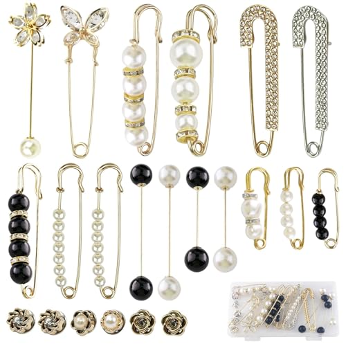 22 Pcs Pearl Brooch Pins for Women Costume Accessory, Retro Faux Crystal Clothing Clips Fashion Decoration Safety Pins for Sweater Shawl Collar Dress Shirt Jeans