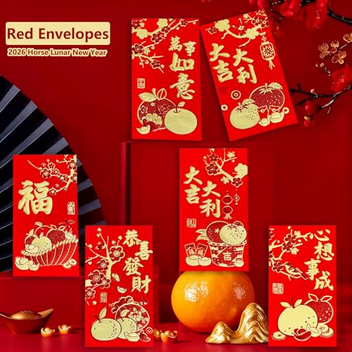 36pcs Red Envelopes Chinese New Year, Chinese Hong Bao Envelopes for Money, 2026 Lunar New Year of The Horse Red Packets with 6 Unique Gold Embossed Designs for Spring Festival, Large