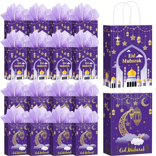 Trandraft 24 Pcs Eid Mubarak Gift Bags with Tissue Paper Ramadan Goodies Happy Eid Treats Bags Muslim Party Favor with Handle for Muslim Supplies Al Fitr Party Decoration(Purple) - color: Purple