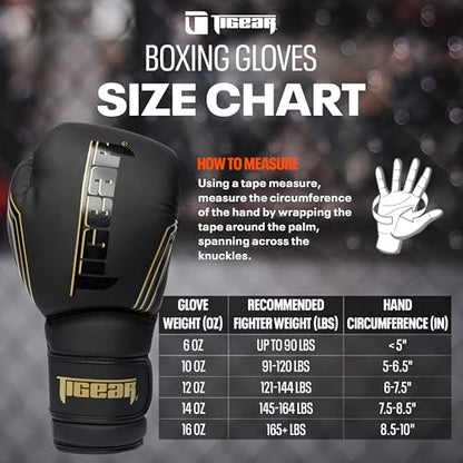 Tigear Surge Pro Boxing Gloves for Men Women & Kids | Engineered Leather Muay Thai Gloves, MMA Gear, Kickboxing Heavy Bag Training and Sparring - color: Black/Gold, size: 16 oz