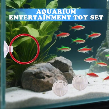 Betta Fish Toys, 2 PCS Fish Exercise Ring and Nitrifying Balls Set, Betta Mirror Toy Set, Feeding Ring with Suction Cup, Fishing Tank Accessories for Gifts (Red) - color: Red