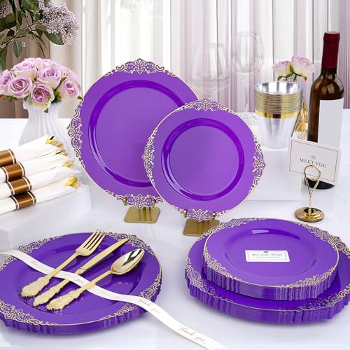 Realluck 350 Piece Purple and Gold Dinnerware Set for 50 Guests - color: Purple