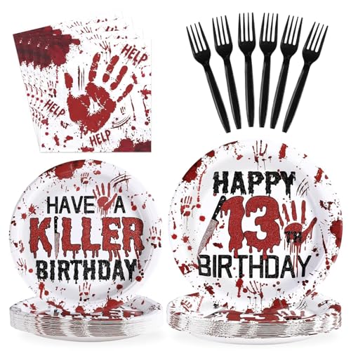 Greencian 96Pcs Killer Happy 13th Birthday Party Decorations, Serve 24 - style: Halloween Creepy 13th Birthday
