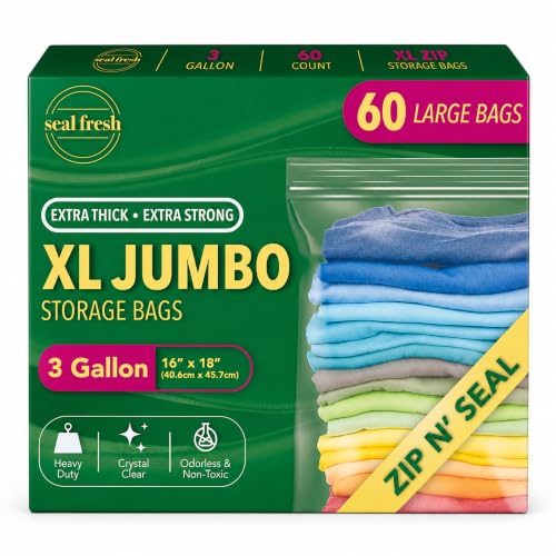 Seal Fresh 3 Gallon Large Plastic Storage Bags – 16" x 18" (60 Count) – Reusable XXL Extra Large Clear Jumbo Zip Bags with Sealable Zipper Top For Clothes, Travel, Moving - size: 3 Gallon - 60 Pack