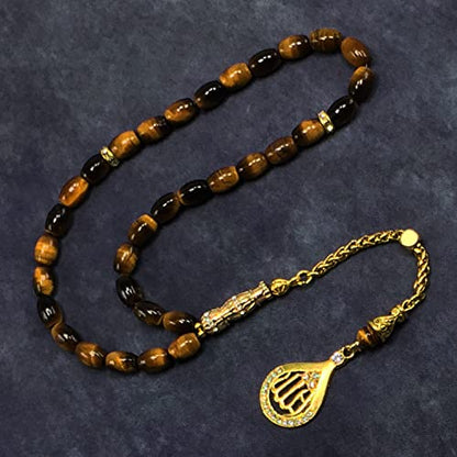 Design -Tiger Eye Stone Series Worry Beads - Prayer Beads (8 mm-33 Beads) Tesbih-Tasbih-Tasbeeh-Misbaha-Masbaha-Subha-Sebha-Sibha-Rosary (-Oval Cut Gold Model 6x9 mm-) - color: -Oval Cut Gold Model 6x9 mm-